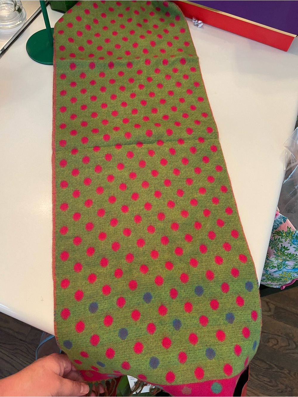 Cashmink Pink and Green Polka Dot Scarf